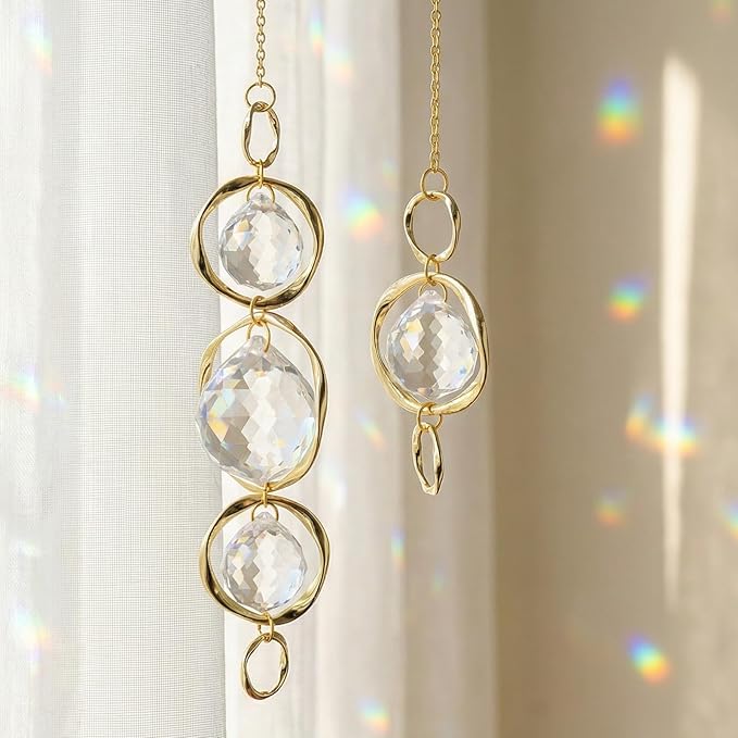 Crystal Suncatcher Wind Chimes, 2 Pcs Crystal Suncatcher Prisms Hanging Outdoor Wind Chimes, Prism Sun Catcher with Chain and Hook, Rainbow Maker for Ceiling Garden Home Indoor Ornaments