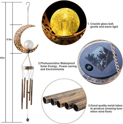 Solar Wind Chimes for Outside, Moon Hanging Solar Lights with Crackle Glass Ball, Waterproof LED Wind Chime Outdoor Decor for Garden Patio Yard, Memorial Gift for Mom Grandma