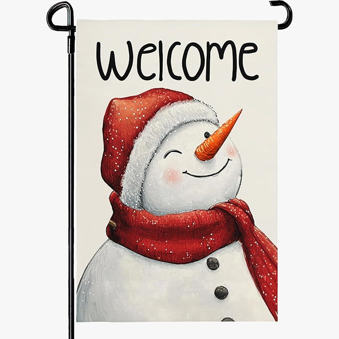 Snowman Winter Welcome Garden Flag 12x18 Inch Double Sided Snowman Holiday Burlap Yard Flags for Outside Small Flag for Outdoor Garden Decoration