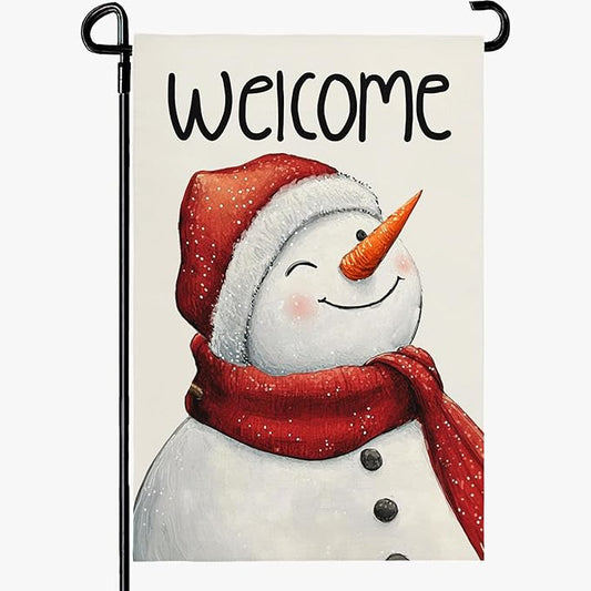 Snowman Winter Welcome Garden Flag 12x18 Inch Double Sided Snowman Holiday Burlap Yard Flags for Outside Small Flag for Outdoor Garden Decoration