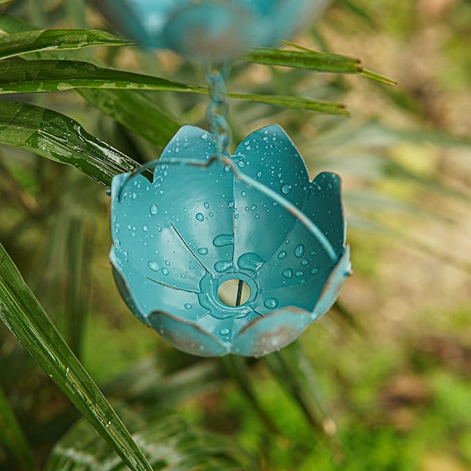 Topadorn 8.5 FT Rain Chain Iron Gutter Chains with 12 Rain Collector Thick Iron Flower Cups Garden Decoration,Lake Blue