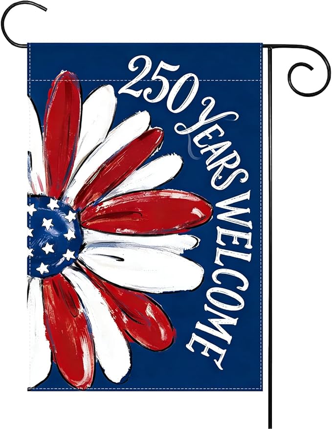 250th Anniversary Garden Flag, Red White Blue Sunflower Garden Flags, 250th Welcome Banner for Independence Day, 12x18 Inch Double Sided 4th of July Garden Flag for Yard & Outside Decor
