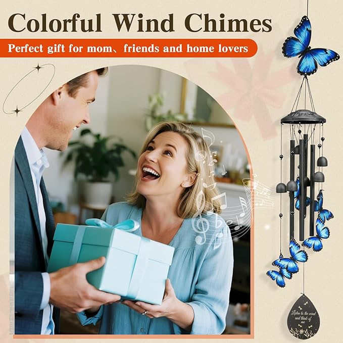 Butterfly Wind Chimes Outdoor Black Metal Windchimes Garden Patio Decor Butterfly Gifts for Women Ideal Memorial/Housewarming/Birthday/Festival Gifts Front Yard Decor