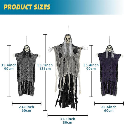 QPMR Halloween Decorations Outdoor/Indoor,Set of 3 Scary Hanging Ghosts,Halloween Grim Reaper Skeleton, Scary Party Decorations,Haunted House Decor for Yard/Lawn/Garden.