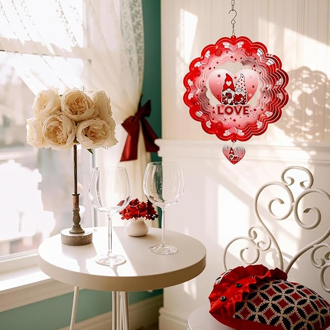 Gnome Wind Spinners Hanging Valentine's Day Gifts for Lover,12 inch 3D Metal Valentine Gnome Gifts Outdoor Decor for Yard and Garden,Valentine’s Day Decoration for Romantic Home