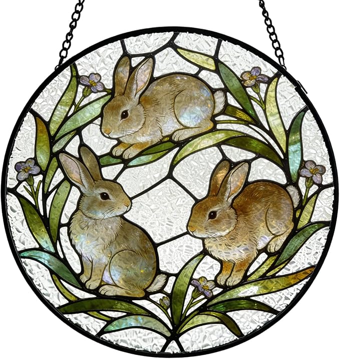 Easter Bunny Flower Wreath Stained Glass Window Hanging, Easter Three Rabbits Botanical Suncatcher Indoor Window Glass Round Wall Art Decor, 7.9x7.9 Inch