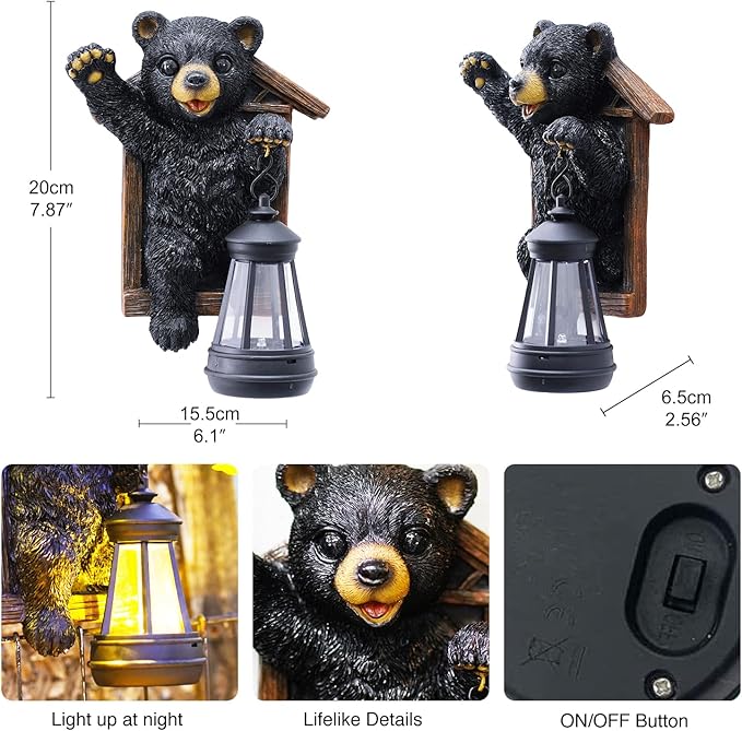 Goodeco Black Bear Tree Hugger with Solar Lantern - Perfect Bear Garden Statues Outdoor Decor & Ornament for Women, Housewarming Gifts and as Yard Decorations