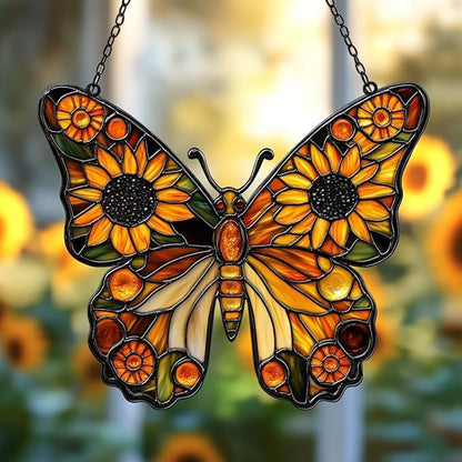 Sunflower Monarch Butterfly Acrylic Suncatcher Stained Glass Effect Window Car Hanging Christmas Ornament Indoor Outdoor Decor Garden Sun Catcher Panel for Butterfly Lover for Women Mom Grandma