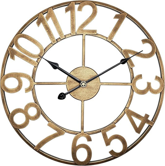 Indoor Outdoor Large Wall Clock，Silent Analog Battery Operated 24 Inch Metal Wall Clock for Patio, Porch, Pool Area, Kitchen, Living Room, Farmhouse Decor - Vintage Gold