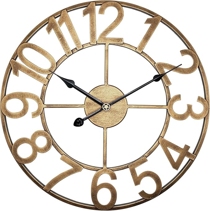 Large Outdoor Clock, 20 Inch Patio Wall Clock Silent Non-Ticking Battery, Retro Vintage Gold Metal Decorative Clock for Farmhouse Living Room, Kitchen, Office