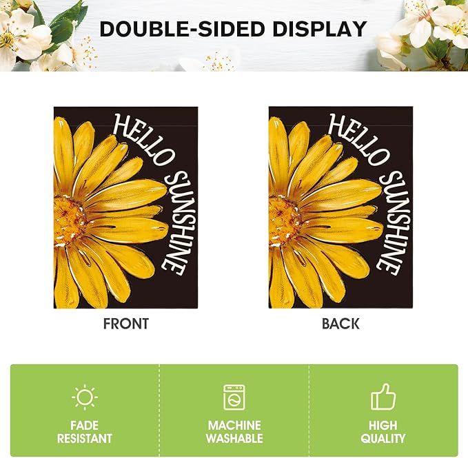 AVOIN colorlife Hello Sunshine House Flag 28x40 Inch Double Sided Outside, Summer Spring Floral Yellow Daisy Yard Outdoor Flag Black
