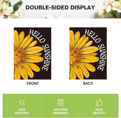 AVOIN colorlife Hello Sunshine House Flag 28x40 Inch Double Sided Outside, Summer Spring Floral Yellow Daisy Yard Outdoor Flag Black