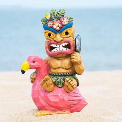 Solar Tiki Statue,Outdoor Statues - Statue-Tiki Bar Decor-Tiki Decorations Outdoor Patio Decor for Bar, Patio, Balcony, Yard,Lawn Ornament,Riding a Flamingos 10inch Tall
