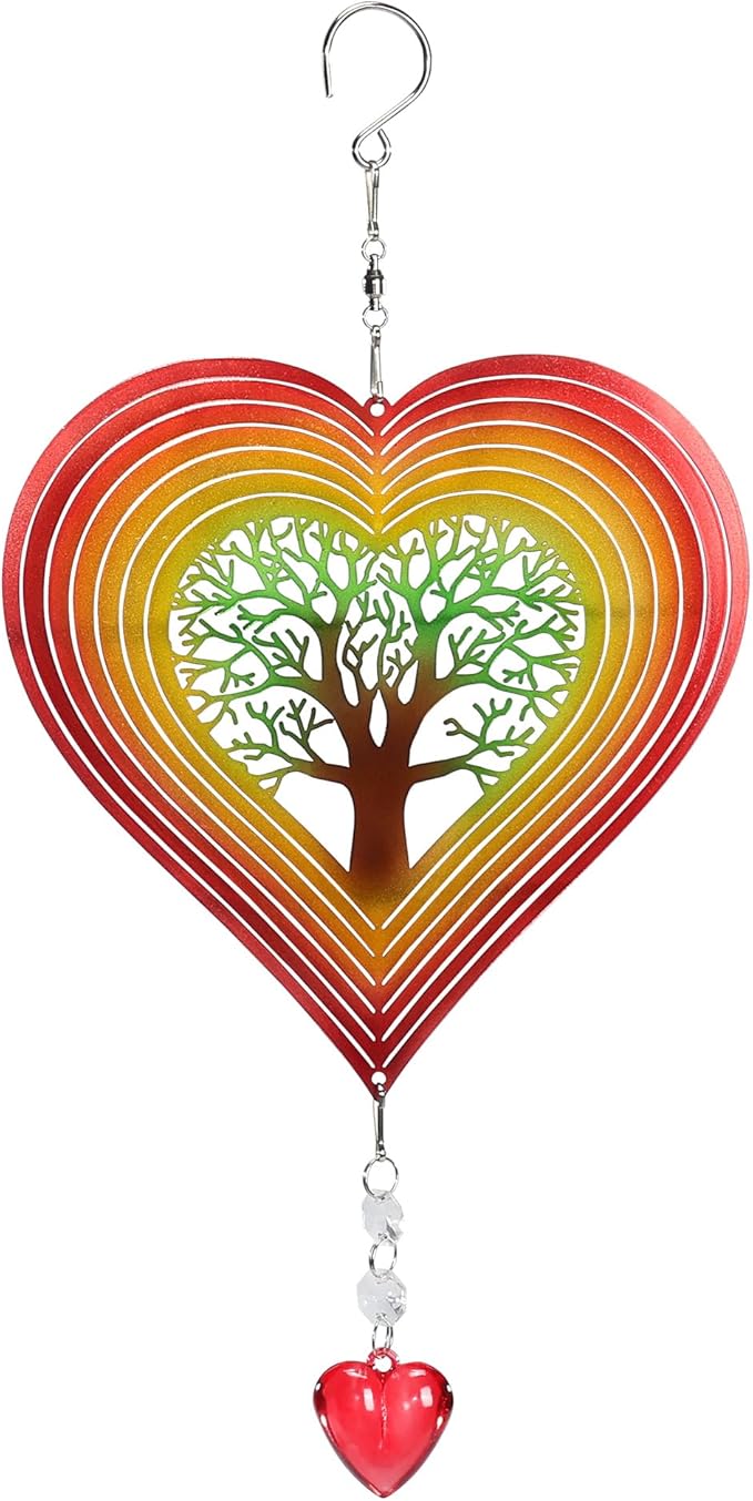 3D Heart Shaped Wind Spinner, 10"x7" Stainless Steel Outdoor with Tree of Life Design, Waterproof Colorful Hanging Wind Rotator with Soothing Bell, Decorative Garden Yard Patio Art Gift