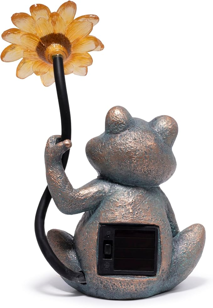 basen Solar Frog Statue with Glowing Sunflower Light, Outdoor Garden Frog Figurine Decor for Yard Lawn Patio, Resin Solar Animal Sculpture with LED Light for Garden Landscape Decoration