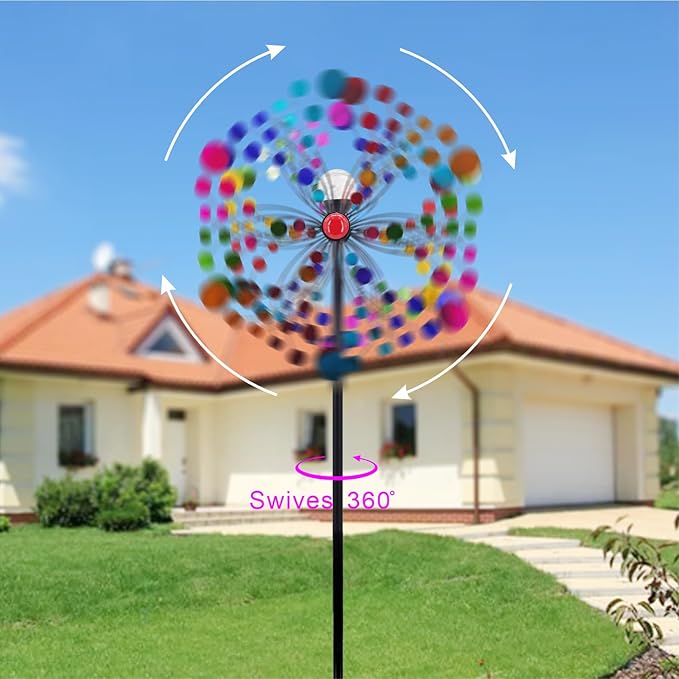 Outdoor Wind Spinner with Garden Stake 88.58" Metal Two-Way Wind Sculptures Solar Color Changing Lights Large Windmills for Garden,Patio,Yard,Lawn Decor Gifts Round