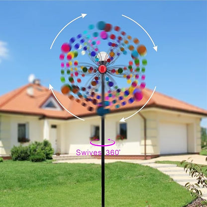 Outdoor Wind Spinner with Garden Stake 88.58" Metal Two-Way Wind Sculptures Solar Color Changing Lights Large Windmills for Garden,Patio,Yard,Lawn Decor Gifts Round