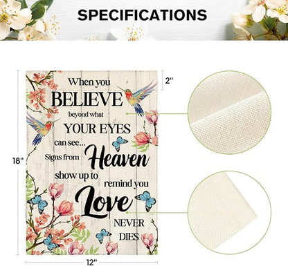 AVOIN colorlife Hummingbird Memorial Garden Flag 12x18 Inch Double Sided Outside, Love Never Dies Memorial Day Gravesite Saying Spring Yard Outdoor Decoration