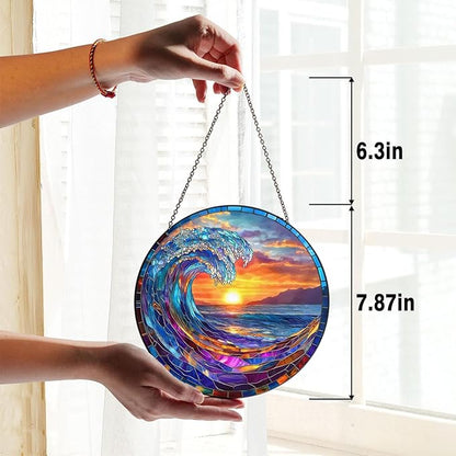 Stained Glass Window Hanging, Ocean Wave Sunset Sun Catchers 7.8 in Coastal Beach Glass Panel Suncatcher Decor for Birthday for Women, Men, Wife, and Mom