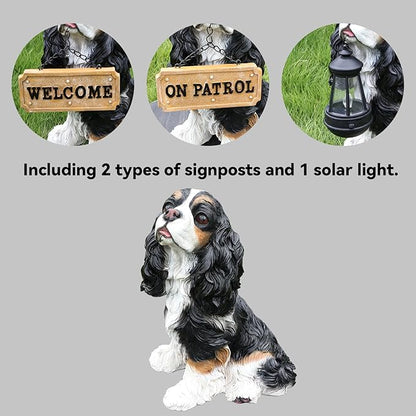 Cavalier King Charles Spaniel Dog Garden Statue with Solar Lantern, Interchangeable Welcome & On Patrol Signs, Resin Puppy Outdoor Decor Sculpture Lawn Ornament for Patio Yard Porch Gifts