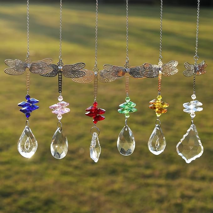 Dragonfly Crystal Prisms Bead Hanging Crystal for Windows Garden Wedding Christams Decor Rainbow Maker Mirror, Set of 6