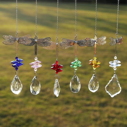 Dragonfly Crystal Prisms Bead Hanging Crystal for Windows Garden Wedding Christams Decor Rainbow Maker Mirror, Set of 6