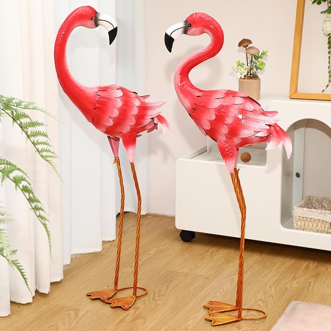 Gisafai 2 Pack 32.7 Inch Metal Flamingos Garden Statues Large Pink Flamingos Yard Outdoor Decor for Garden Home Porch Pond Patio Backyard Ornaments