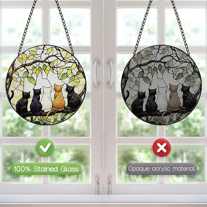 Stained Glass Window Hanging, 8 Inch 5 Cats on a Branch Suncatcher, Sun Catchers Indoor Window, Suncatchers for Windows Hanging, Spring Home Garden Decor Panel, Cat Lover Gifts for Women Mom Grandma
