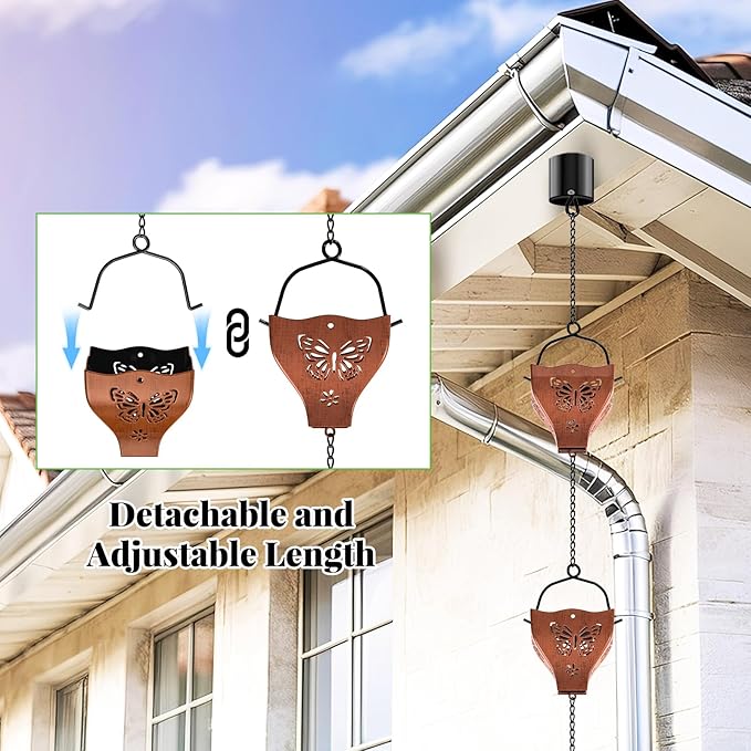 7.78ft Rain Chains for Outside, 8 Cups Copper Plated Lotus Rain Chain Cups, Adjustable Rain Catcher Chain with Bell for Eaves Drainage, Replacement for Downspout (Butterfly+Retro Copper)