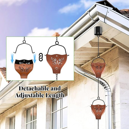 7.78ft Rain Chains for Outside, 8 Cups Copper Plated Lotus Rain Chain Cups, Adjustable Rain Catcher Chain with Bell for Eaves Drainage, Replacement for Downspout (Butterfly+Retro Copper)