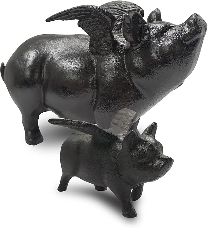 NACH Cast Iron Flying Pig Garden Statue - Black Door Stopper, Rustic Decor Sculpture, Paperweight, Outdoor Statue - 5.5x3.5x3.9 Inch, JS-92-040