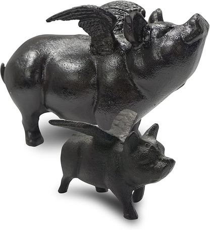 NACH Cast Iron Flying Pig Garden Statue - Black Door Stopper, Rustic Decor Sculpture, Paperweight, Outdoor Statue - 5.5x3.5x3.9 Inch, JS-92-040