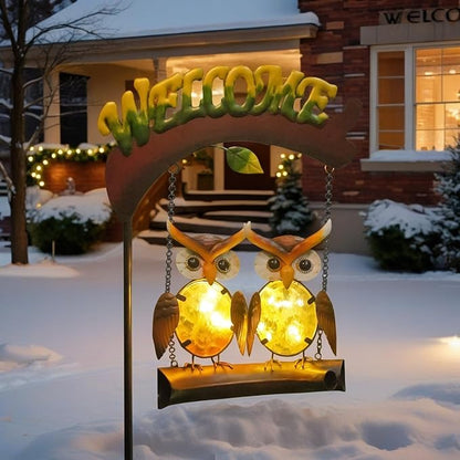 HONGLAND Solar Lights Outdoor Decor, Owl Swing Garden Decor, Owl Gifts for Women Mom, Whimsical Garden Lights Outdoor Decorations with Welcome Sign for Outside Patio Yard Lawn Decor