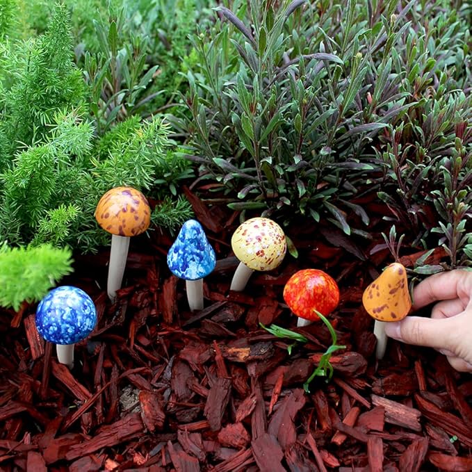 Mushroom Outdoor Decor 6pcs Colorful Ceramic Mushroom Home, Garden, Planters, Yard, Lawn Ornaments Stakes (5.12inch)