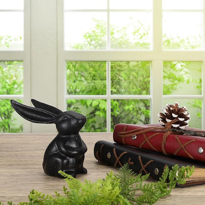 OwnMy 2 Cast Iron Bunny Figurines Outdoor Rabbit Statues for Garden Patio Home Decors, 3.7" Hollow Carved Cute Bunny Statue Vintage Long-Eared Rabbit Ornaments Paperweights for Office Table Decors