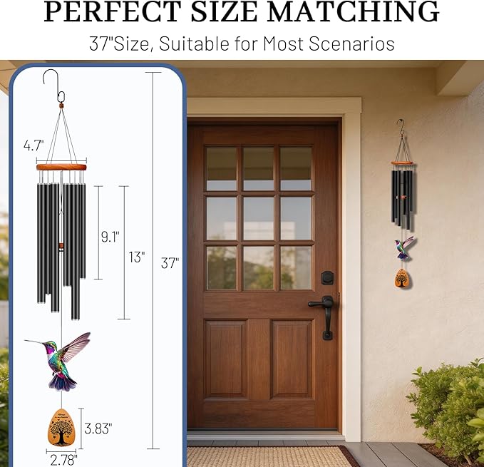Sympathy Gifts for Loss of Loved One, 37" Memorial Wind Chimes with Hummingbird, Bereavement Gift for Mom Dad, Outdoor Remembrance Decor with Engraved Pendant