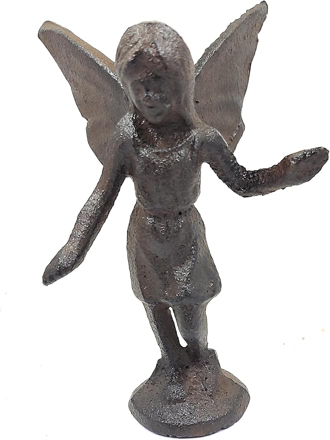 Rustic Cast Iron Standing Playful Angel or Fairy Statue Figurine