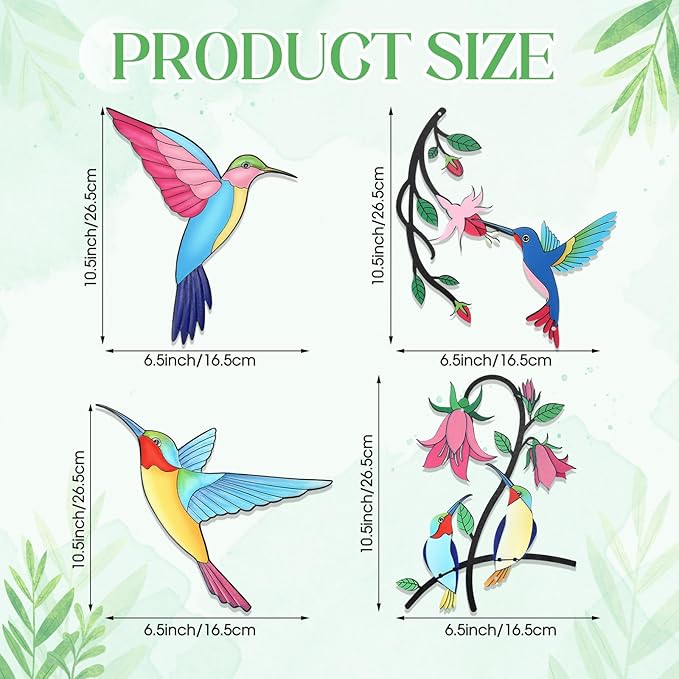 Seenelling 4 Pack Metal Hummingbird Wall Art Decor 3D Colorful Birds Outdoor Fence Decorations for Patio and Yard, Wall Sculpture Hanging Decor for Garden Living Room Balcony, Home Gift