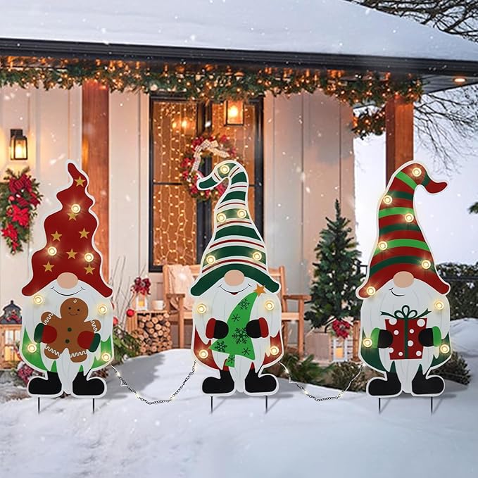 Afirst Christmas Yard Stakes Metal Christmas Decorations Outdoor Yard Gnomes Holding Gingerbread Tree Gift Lighted Metal Stakes Outdoor Xmas Stake Lawn Pathway Decoration
