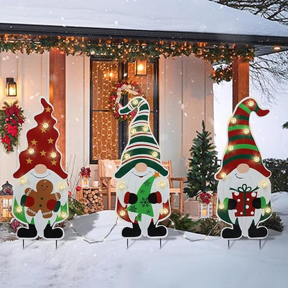 Afirst Christmas Yard Stakes Metal Christmas Decorations Outdoor Yard Gnomes Holding Gingerbread Tree Gift Lighted Metal Stakes Outdoor Xmas Stake Lawn Pathway Decoration