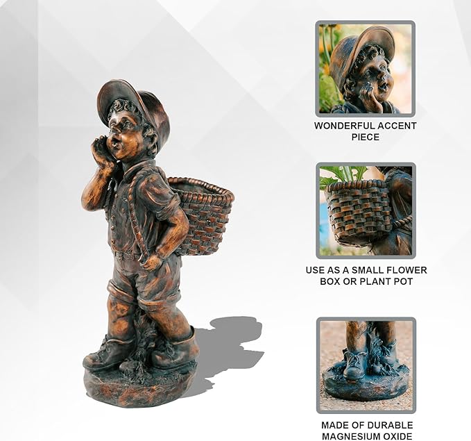 XBrand 24" H Faux Bronze Magnesium Oxide Walking Boy Garden Statue w/Small Flower Plant Pot, Outdoor Décor, Natural Design Sculpture