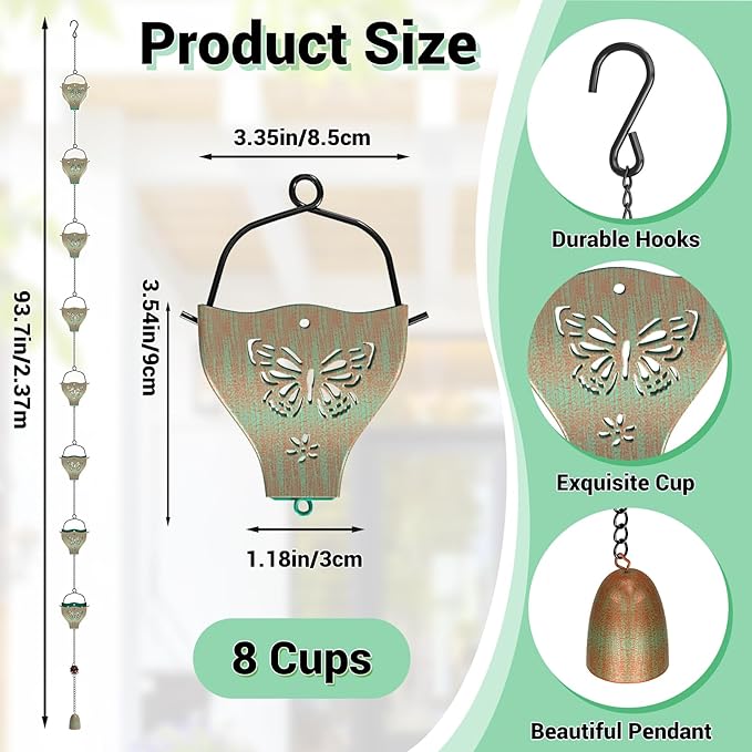 7.8ft Rain Chains for Outside, 8 Cups Copper Plated Lotus Rain Chain Cups, Adjustable Rain Catcher Chain with Bell for Eaves Drainage, Replacement for Downspout (Butterfly+Retro Green)
