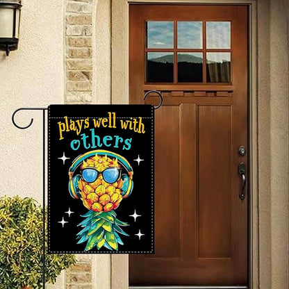 Dyrenson Upside Down Pineapple Decorative Garden Flag, Plays Well With Others Yard Outside Home Decoration, Funny Swinger Party Burlap Outdoor Small Decor Double Sided 12 x 18