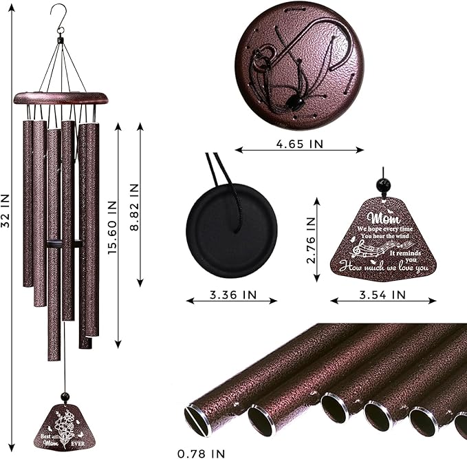 ZANIION Mom Gift Wind Chime 32", Unique Mother Gift for Birthday, Best Mom Ever Presents, Christmas, Mother's Day, B-Day, Decoration Present Ideas Wind Bell