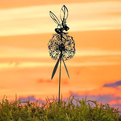 Flower Fairy Dancing with Dandelion Garden Sculpture,Angel Metal Ornaments Stainless Steel Statue Decorations,Wonderland Outdoor Yard Lawn Patio Stakes Sculptures Decor (C)