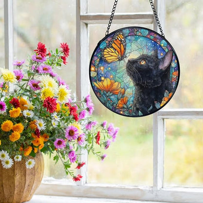 Black Cat Butterfly Suncatchers Stained Glass Window Hanging, Cottagecore Flower Butterfly Black Cat Sun Catchers Indoor Window Glass Round Wall Decor, Gifts for Pet Lovers 7.9x7.9in