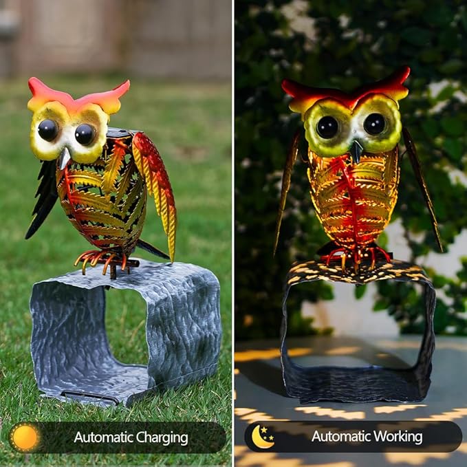 Owl Metal Gutter Downspout Extensions with Solar Powered Lights, Outdoor Waterproof Splash Block Sculpture Garden Decor, Animal Statue Ornaments for Garden, Yard, Lawn