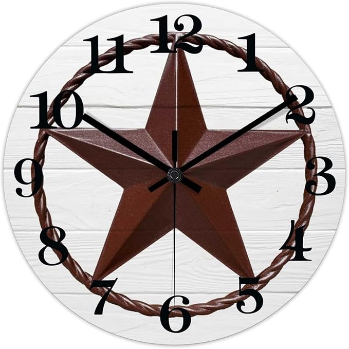 15 Inch Decorative Wall Clock Western Texas Star Rustic Farmhouse Wood Clock Silent Non-Ticking Battery Operated Antique Wooden Analog Clock for Bedroom Home Living Room Decor Home Decor