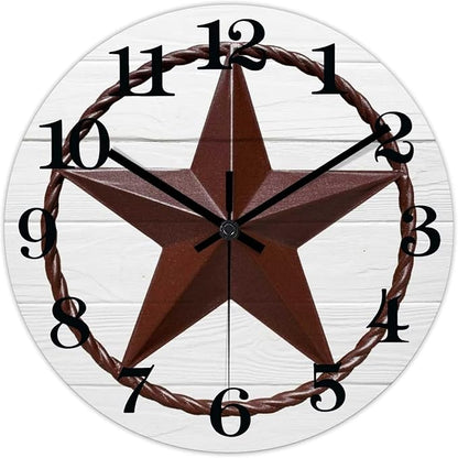 15 Inch Decorative Wall Clock Western Texas Star Rustic Farmhouse Wood Clock Silent Non-Ticking Battery Operated Antique Wooden Analog Clock for Bedroom Home Living Room Decor Home Decor
