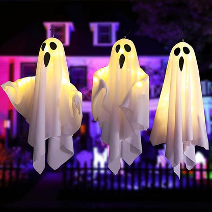 3Packs Halloween Light Up Hanging Ghost Halloween Ghost Decorations with LED Light Spooky Ghost Ornaments for Home Tree Garden Yard Party Décor and Holiday Decorations(White)